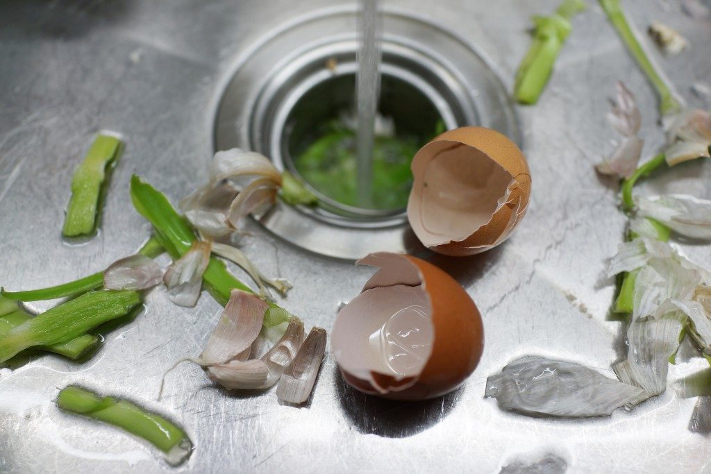 Vegetable peeling and egg shells on the sink
