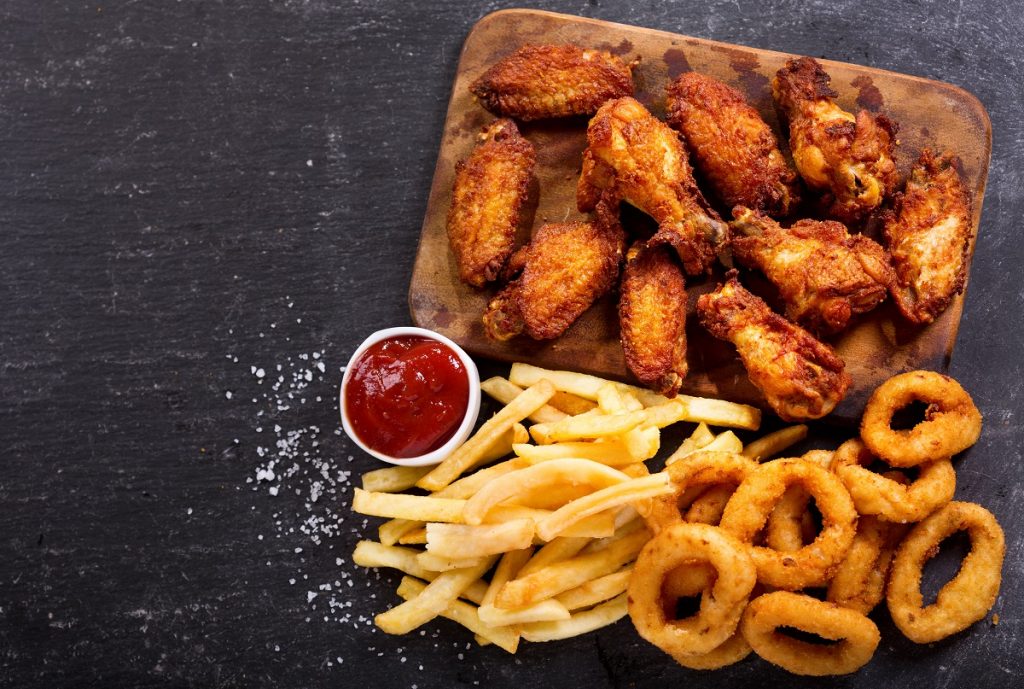 Wings, fries and onion rings