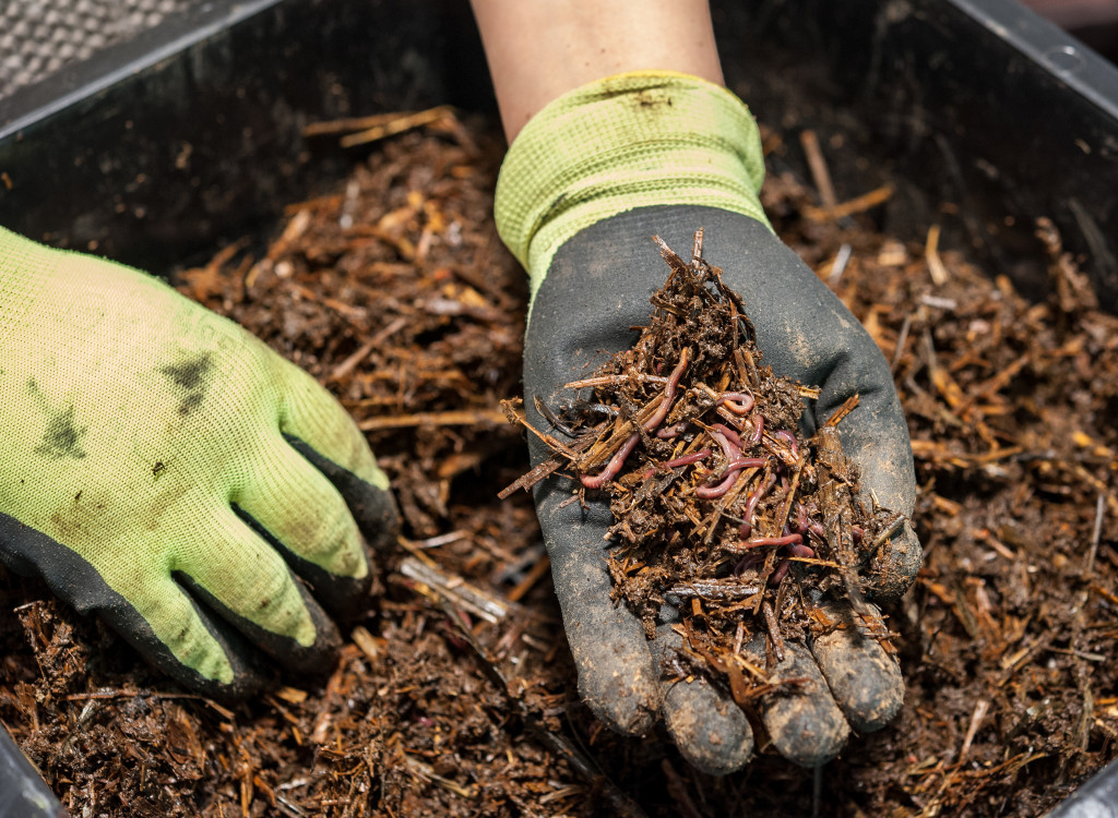 a person wearing garden gloves while holding a worm composting