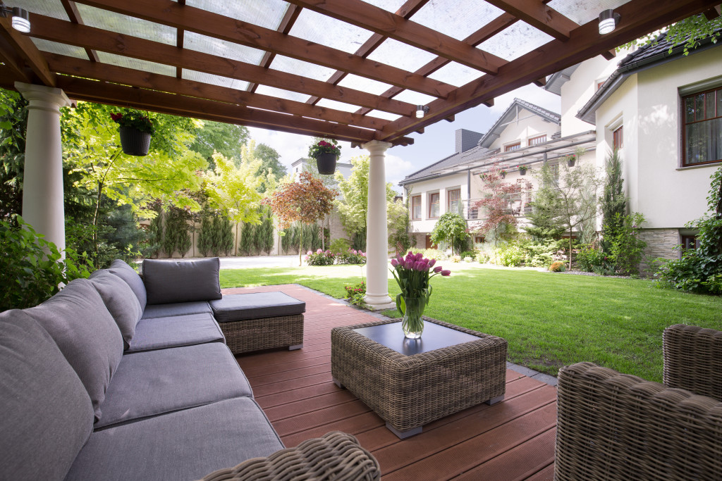 Patio furniture in modern and luxury home garden