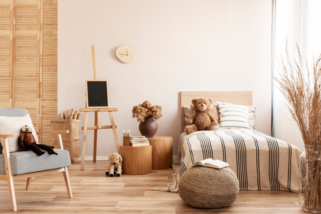 home interior of child's bedroom with teddy bear