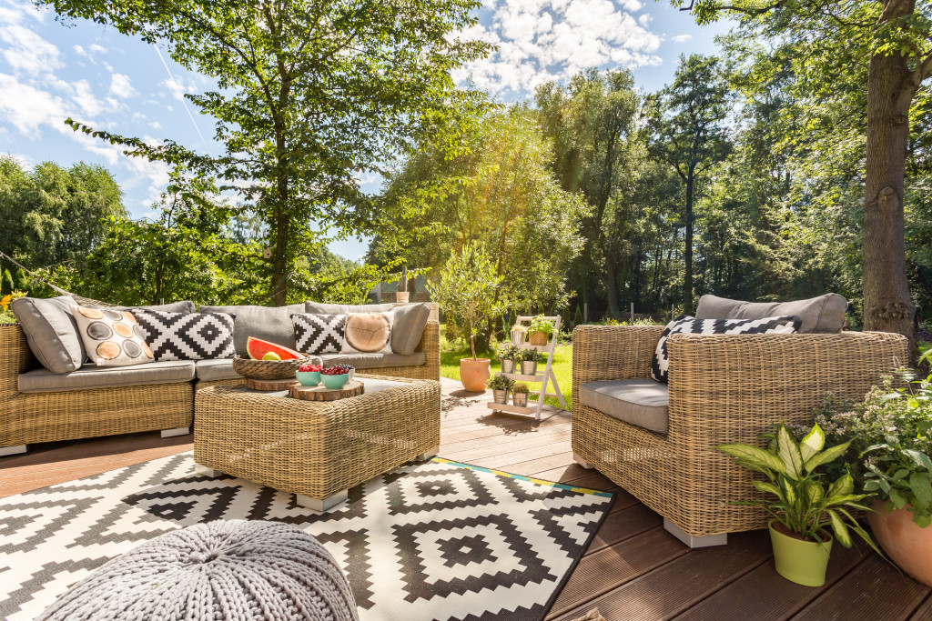 sunny terrace with rattan furniture